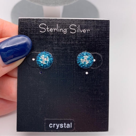Sterling Silver Blue and White Crystal Dome Stud Earrings - Picture 1 of 8
